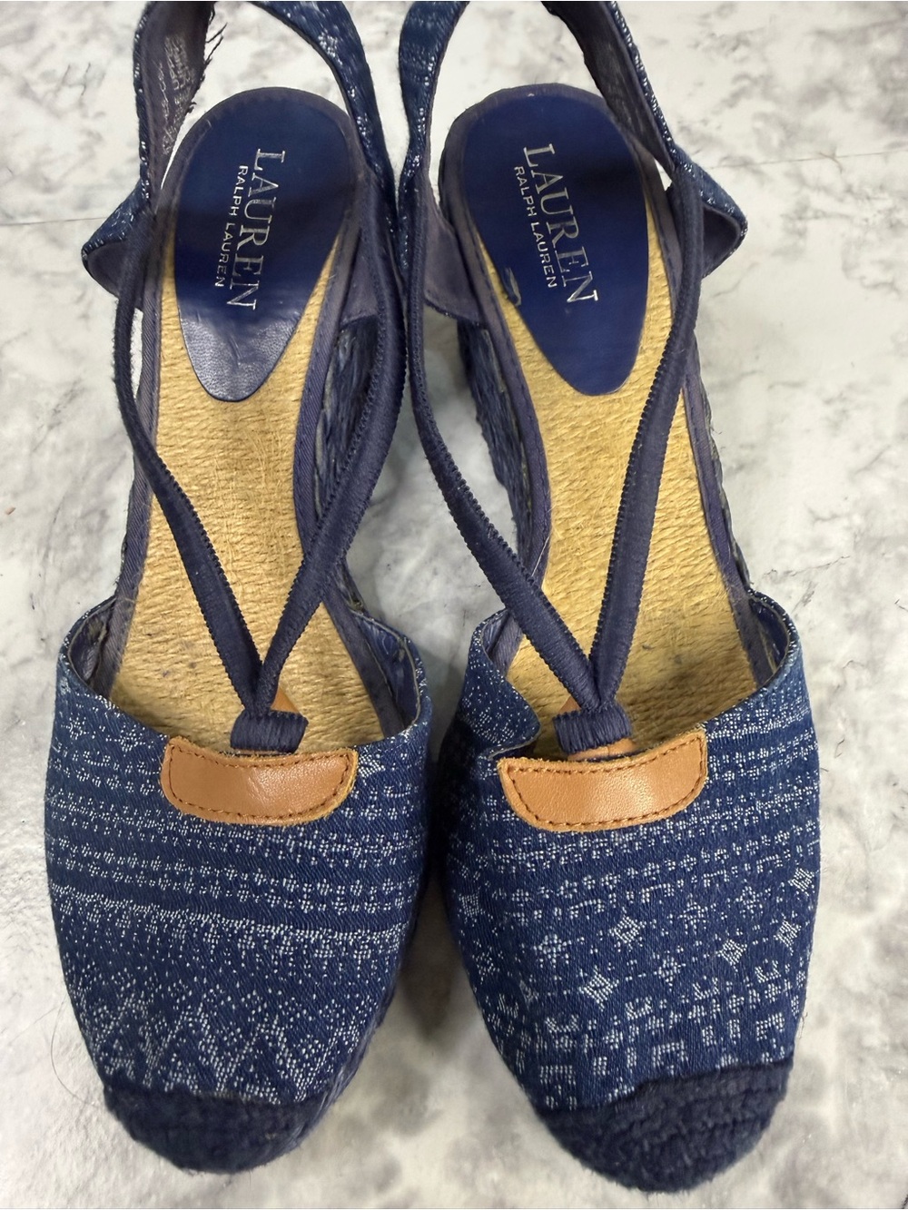 Lauren Ralph Lauren Navy Patterned Espadrille Slingback with Tan Accent Sz 8 1/2